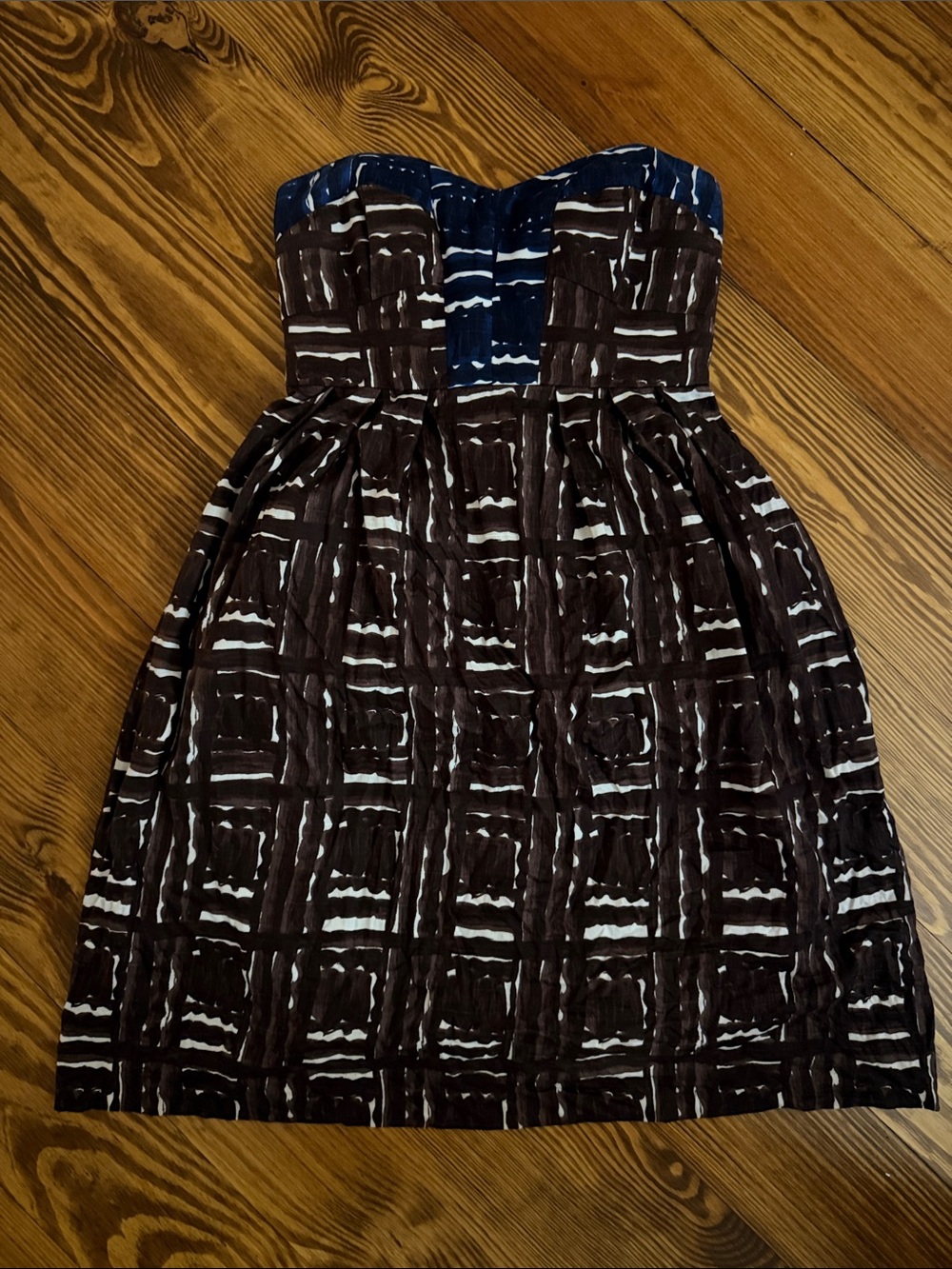 Milly Strapless Brown, Navy & White Patterned Dress